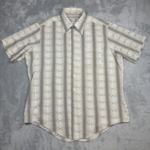 Vintage Sears Dress Shirt Mens Large Tan Brown Geometric Stripe Short Sleeve 70s